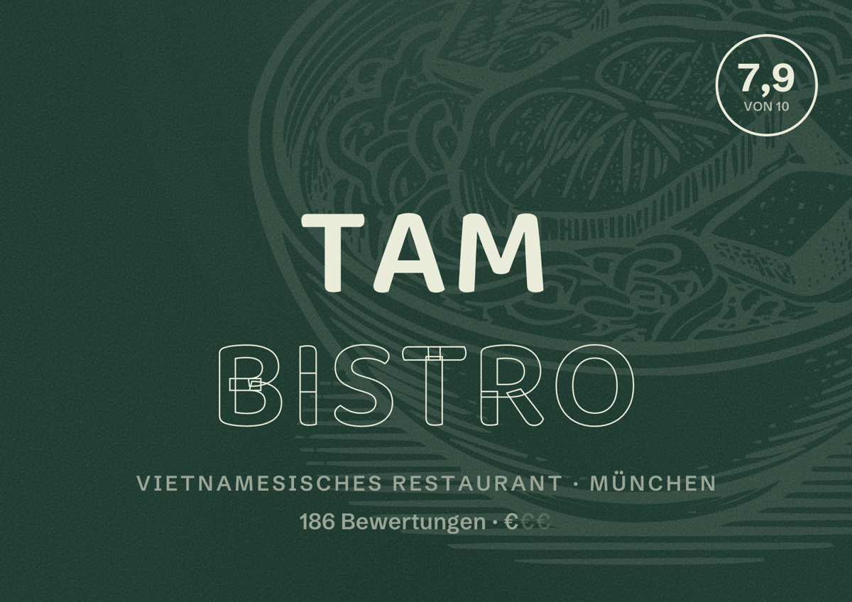 Illustriertes Poster von Tam Bistro, Vietnamesisches Restaurant in München: Bewertung 7,9 von 10 aus 186 Bewertungen, Preisniveau €