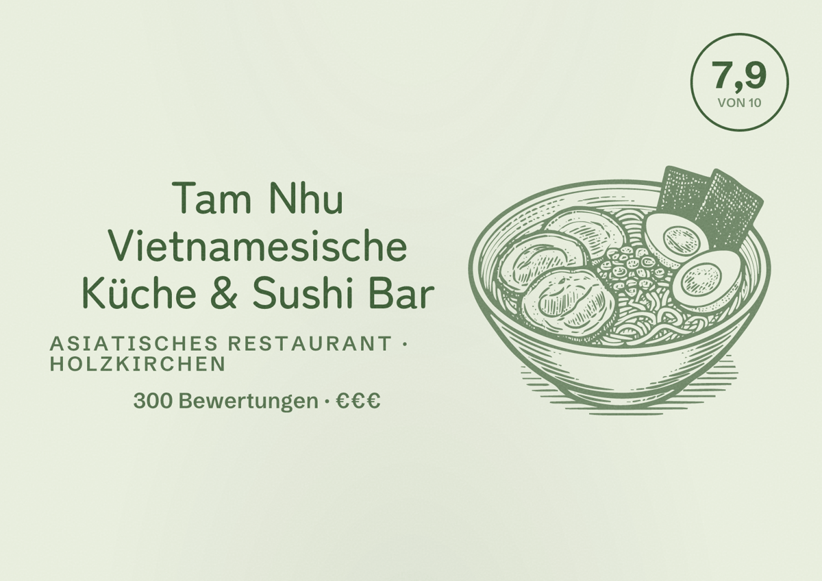Illustriertes Poster von Tam Nhu Vietnamesische Küche & Sushi Bar, Asiatisches Restaurant in Holzkirchen: Bewertung 7,9 von 10 aus 300 Bewertungen, Preisniveau €€€