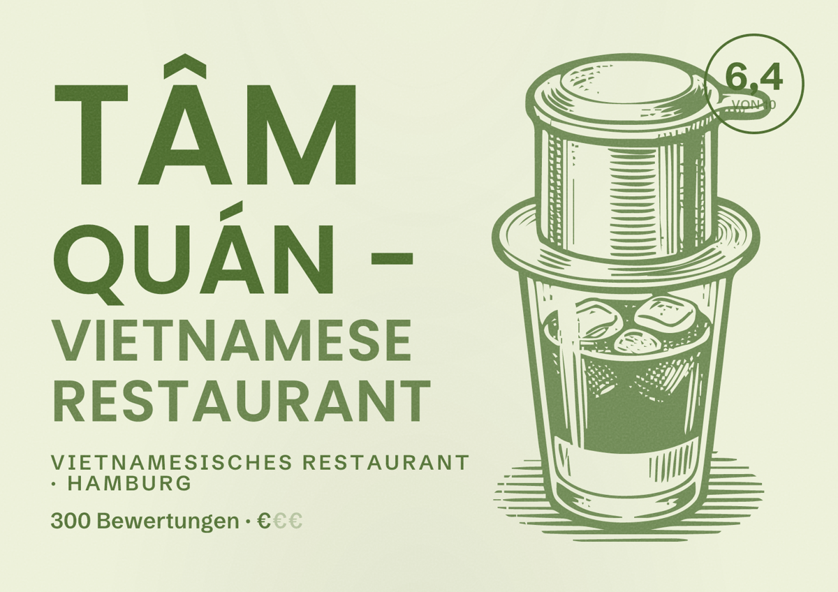 Illustriertes Poster von Tâm Quán - Vietnamese Restaurant, Vietnamesisches Restaurant in Hamburg: Bewertung 6,4 von 10 aus 300 Bewertungen, Preisniveau €