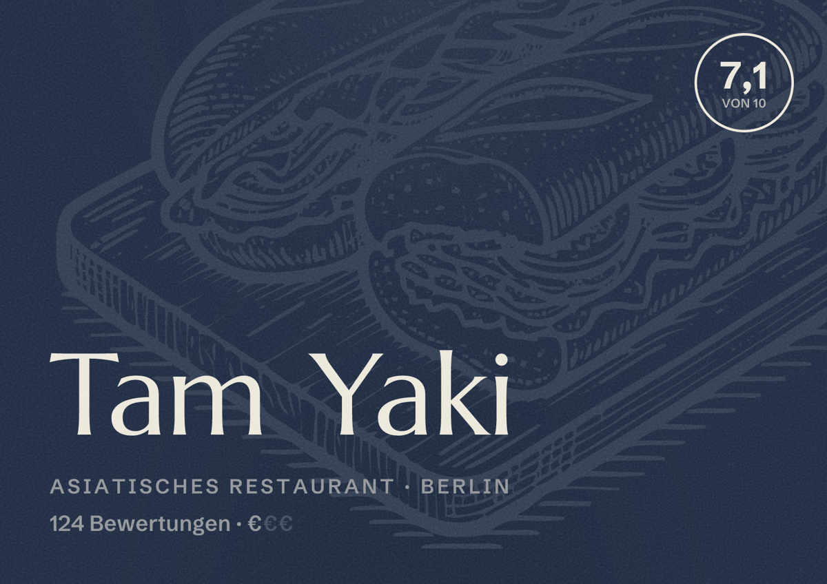 Illustriertes Poster von Tam Yaki, Asiatisches Restaurant in Berlin: Bewertung 7,1 von 10 aus 124 Bewertungen, Preisniveau €