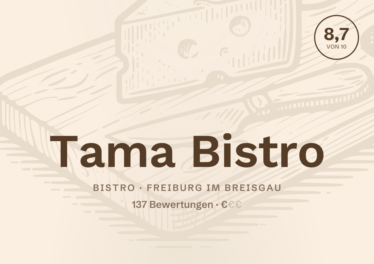 Illustriertes Poster von Tama Bistro, Bistro in Freiburg im Breisgau: Bewertung 8,7 von 10 aus 137 Bewertungen, Preisniveau €