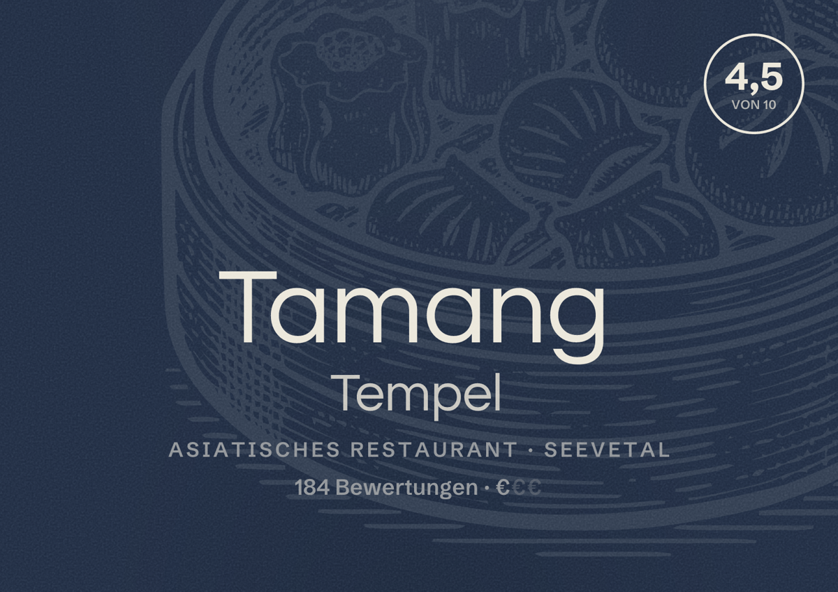 Illustriertes Poster von Tamang Tempel, Asiatisches Restaurant in Seevetal: Bewertung 4,5 von 10 aus 184 Bewertungen, Preisniveau €