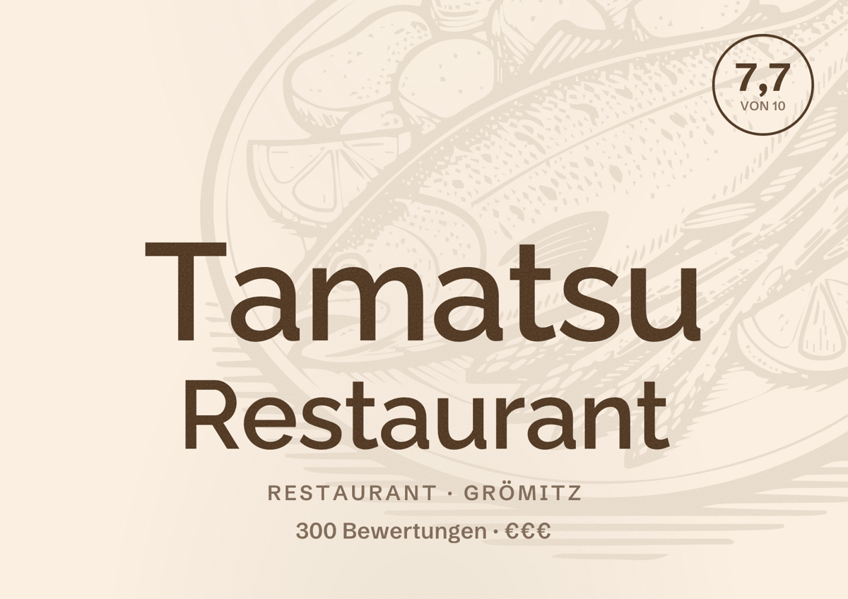 Illustriertes Poster von Tamatsu Restaurant, Restaurant in Grömitz: Bewertung 7,7 von 10 aus 300 Bewertungen, Preisniveau €€€