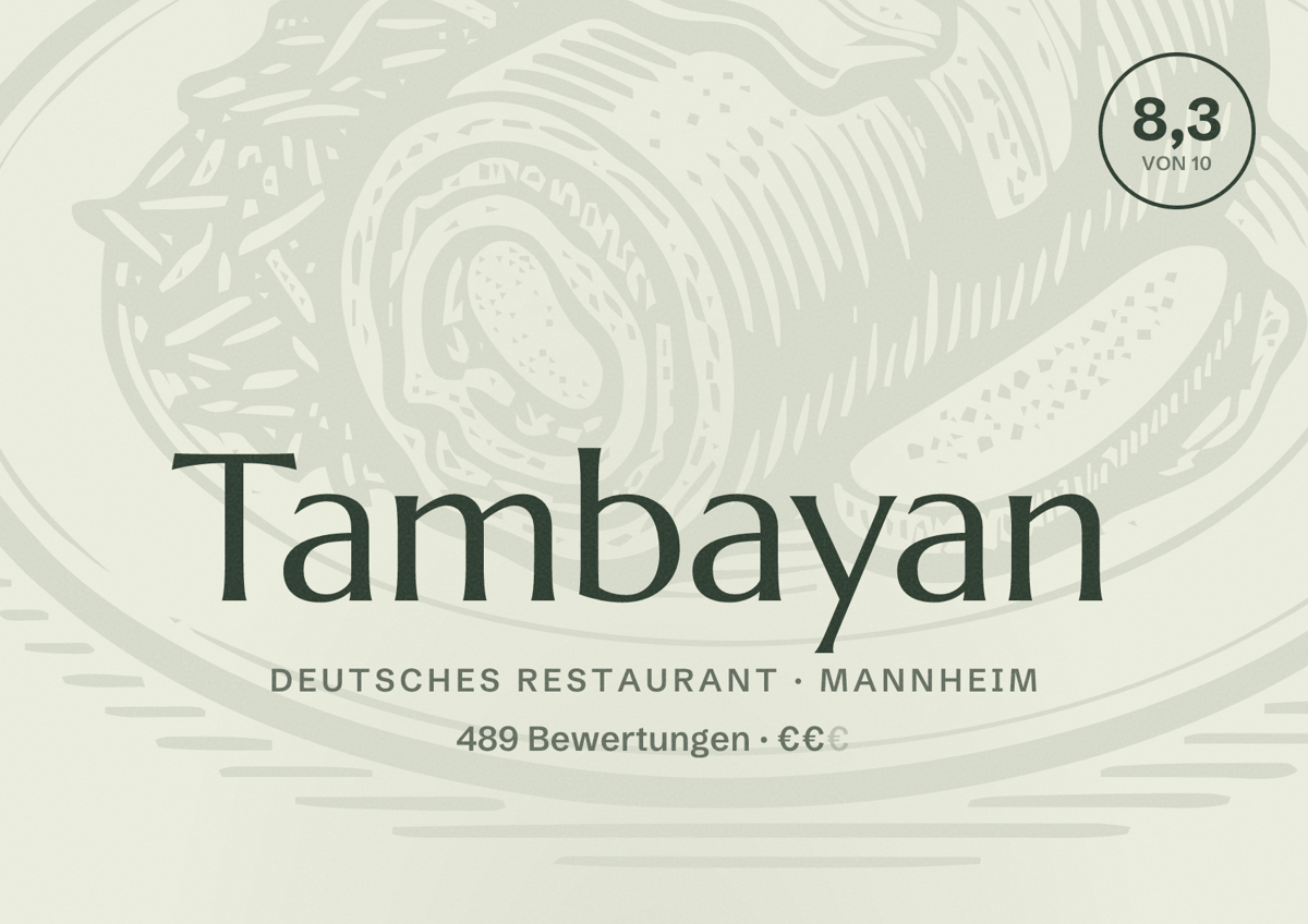 Illustriertes Poster von Tambayan, Deutsches Restaurant in Mannheim: Bewertung 8,3 von 10 aus 489 Bewertungen, Preisniveau €€