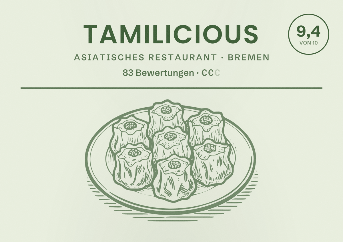 Illustriertes Poster von Tamilicious, Asiatisches Restaurant in Bremen: Bewertung 9,4 von 10 aus 83 Bewertungen, Preisniveau €€