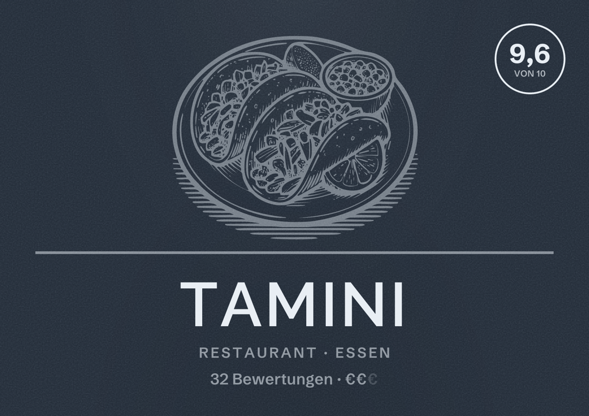 Illustriertes Poster von Tamini, Restaurant in Essen: Bewertung 9,6 von 10 aus 32 Bewertungen, Preisniveau €€