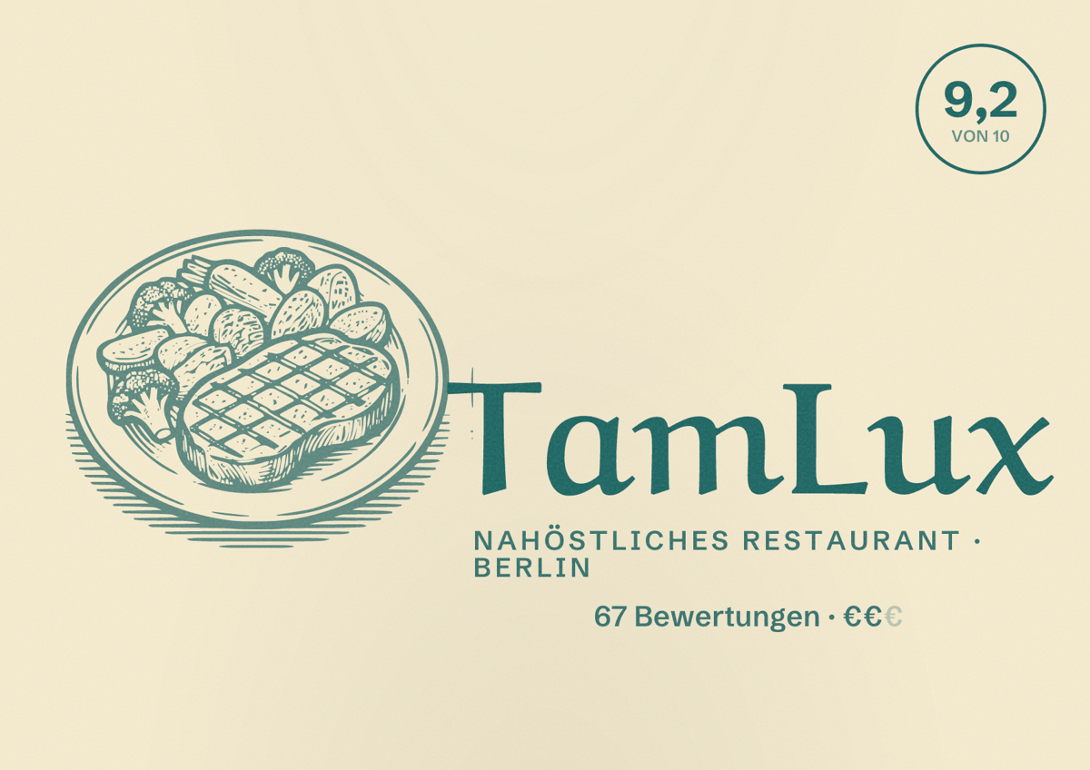 Illustriertes Poster von TamLux, Nahöstliches Restaurant in Berlin: Bewertung 9,2 von 10 aus 67 Bewertungen, Preisniveau €€
