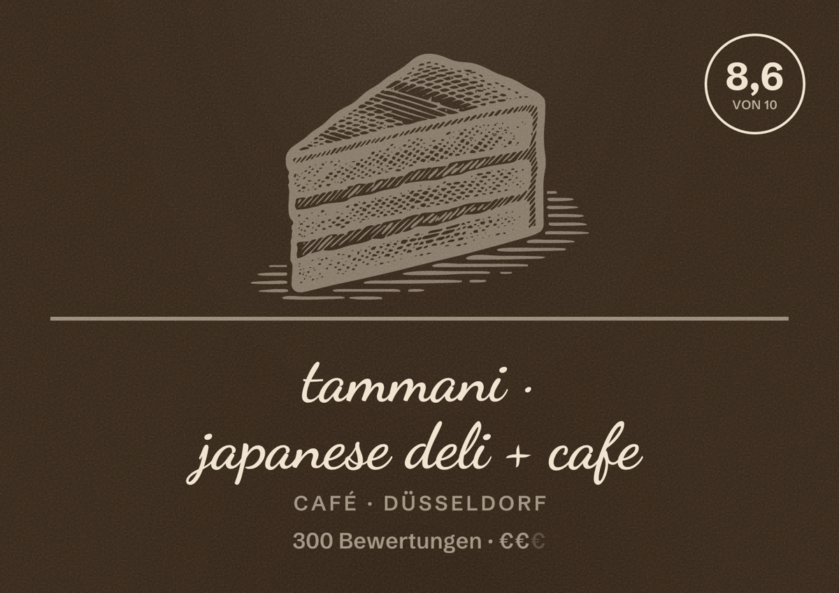 Illustriertes Poster von tammani · japanese deli + cafe, Café in Düsseldorf: Bewertung 8,6 von 10 aus 300 Bewertungen, Preisniveau €€