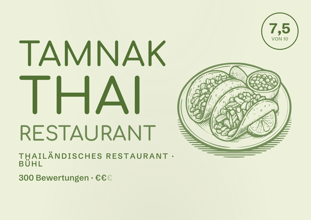 Illustriertes Poster von Tamnak Thai Restaurant, Thailändisches Restaurant in Bühl: Bewertung 7,5 von 10 aus 300 Bewertungen, Preisniveau €€