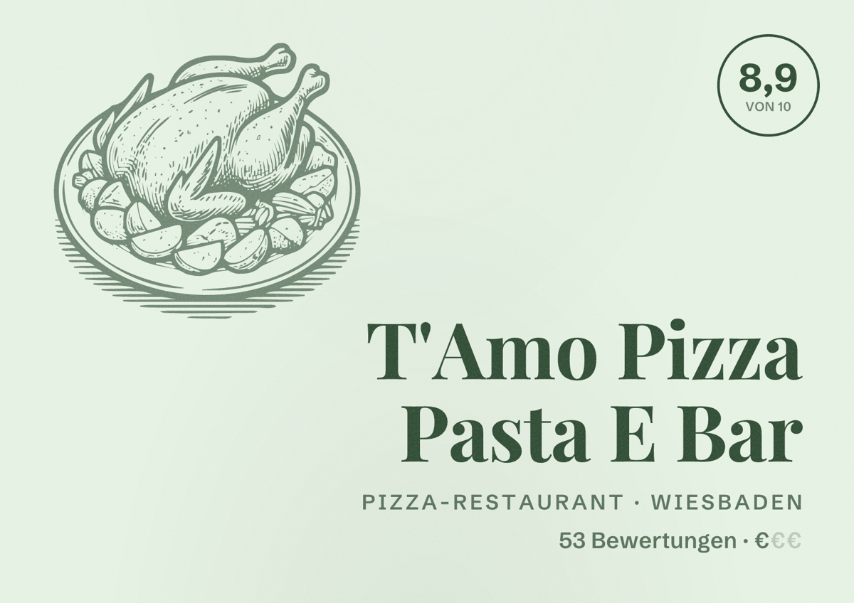 Illustriertes Poster von T'Amo Pizza Pasta E Bar, Pizza-Restaurant in Wiesbaden: Bewertung 8,9 von 10 aus 53 Bewertungen, Preisniveau €