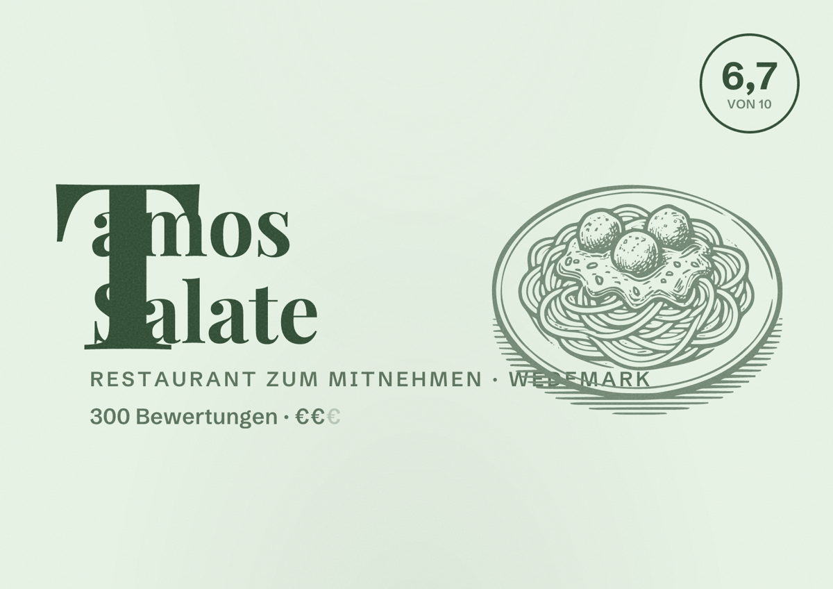 Illustriertes Poster von Tamos Salate, Restaurant zum Mitnehmen in Wedemark: Bewertung 6,7 von 10 aus 300 Bewertungen, Preisniveau €€