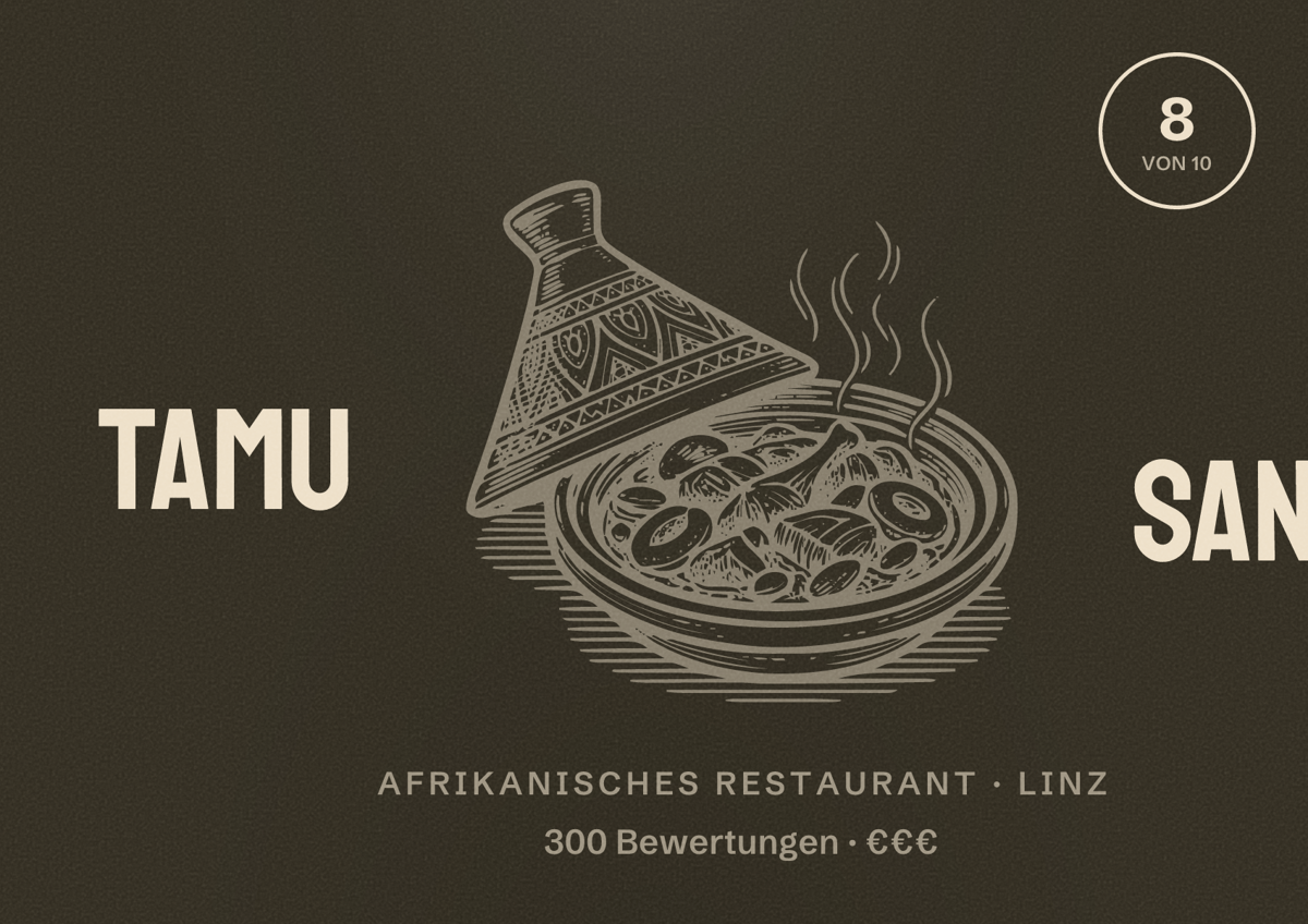 Illustriertes Poster von tamu sana, Afrikanisches Restaurant in Linz: Bewertung 8 von 10 aus 300 Bewertungen, Preisniveau €€€