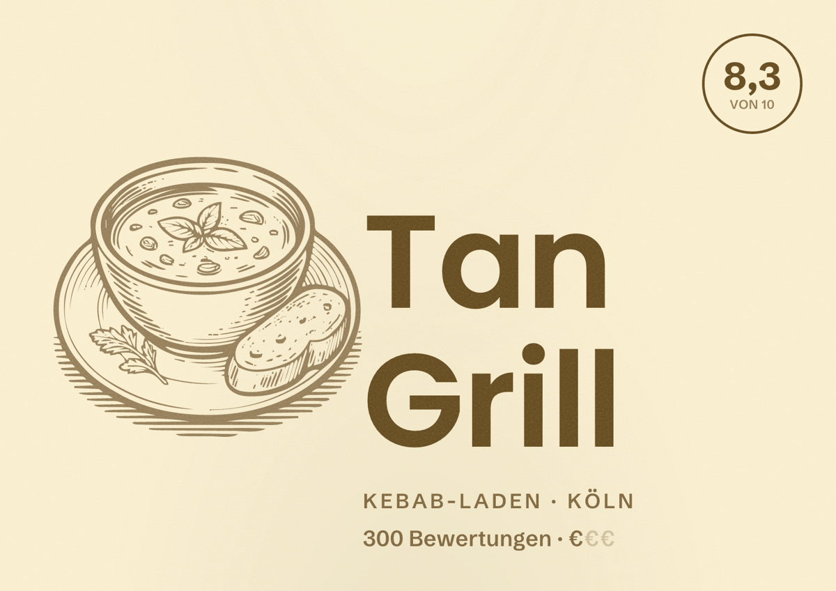 Illustriertes Poster von Tan Grill, Kebab-Laden in Köln: Bewertung 8,3 von 10 aus 300 Bewertungen, Preisniveau €