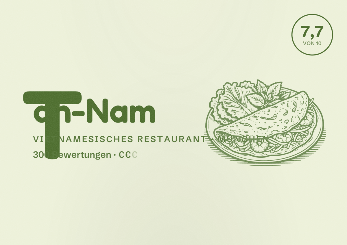 Illustriertes Poster von Tan-Nam, Vietnamesisches Restaurant in München: Bewertung 7,7 von 10 aus 300 Bewertungen, Preisniveau €€