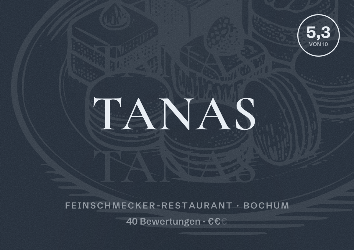 Illustriertes Poster von Tanas, Feinschmecker-Restaurant in Bochum: Bewertung 5,3 von 10 aus 40 Bewertungen, Preisniveau €€