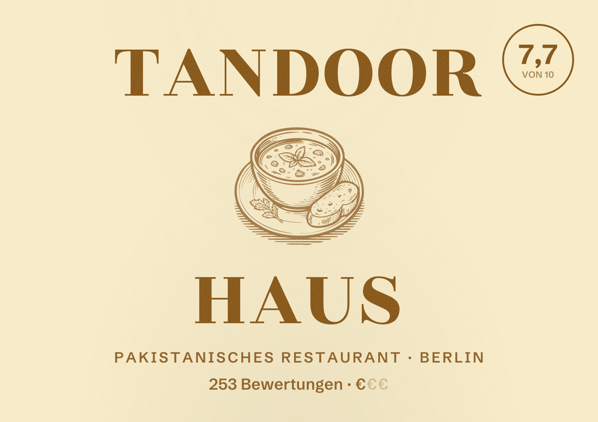 Illustriertes Poster von Tandoor Haus, Pakistanisches Restaurant in Berlin: Bewertung 7,7 von 10 aus 253 Bewertungen, Preisniveau €