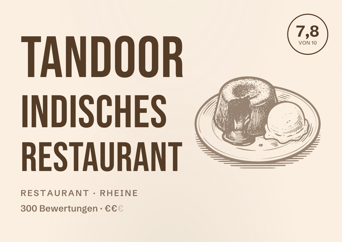 Illustriertes Poster von Tandoor Indisches Restaurant, Restaurant in Rheine: Bewertung 7,8 von 10 aus 300 Bewertungen, Preisniveau €€