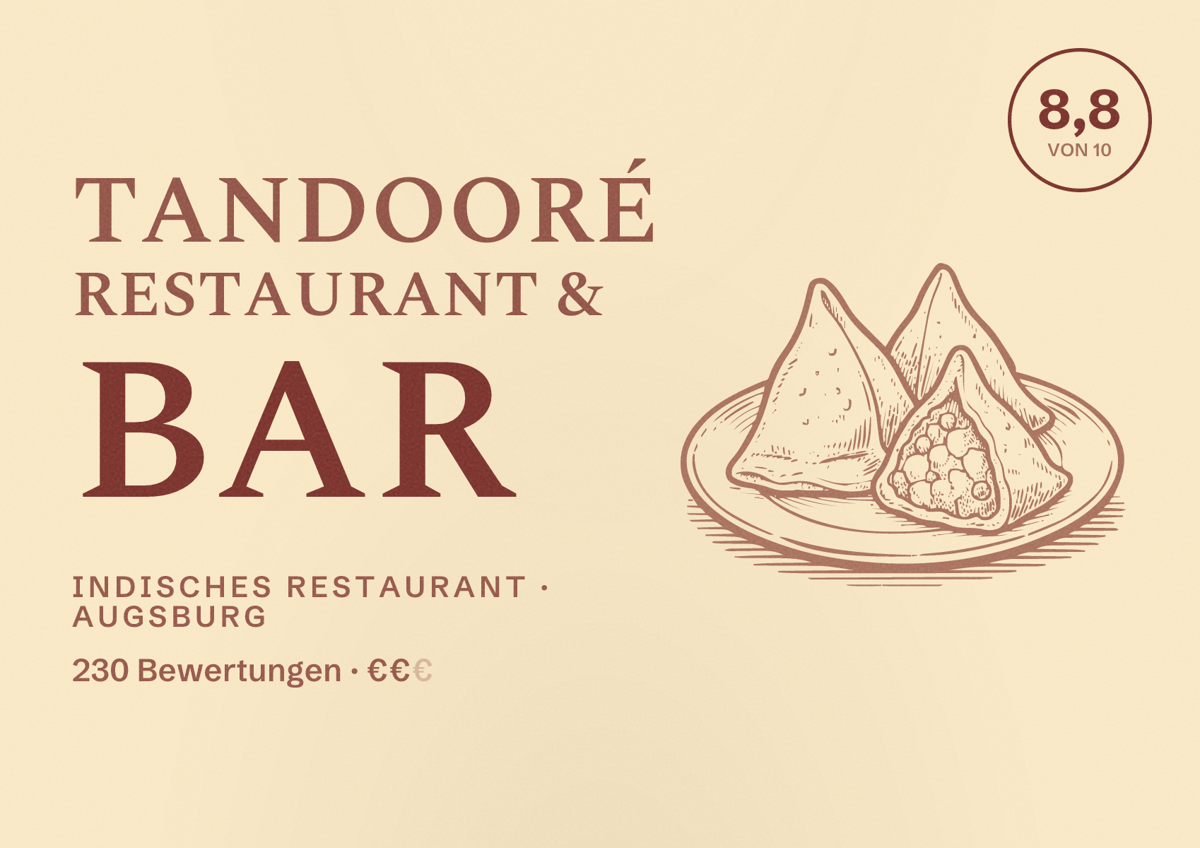 Illustriertes Poster von Tandooré Restaurant & Bar, Indisches Restaurant in Augsburg: Bewertung 8,8 von 10 aus 230 Bewertungen, Preisniveau €€
