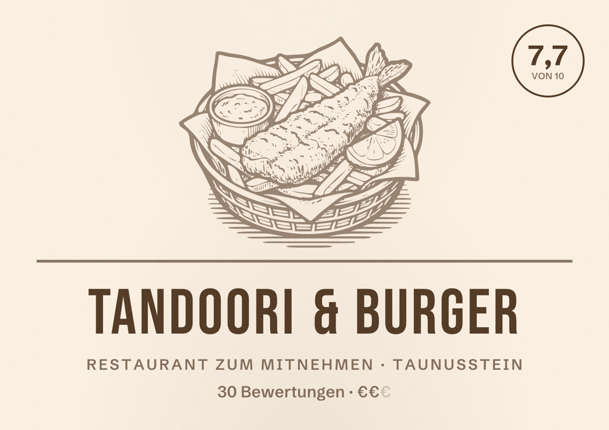 Illustriertes Poster von Tandoori & Burger, Restaurant zum Mitnehmen in Taunusstein: Bewertung 7,7 von 10 aus 30 Bewertungen, Preisniveau €€