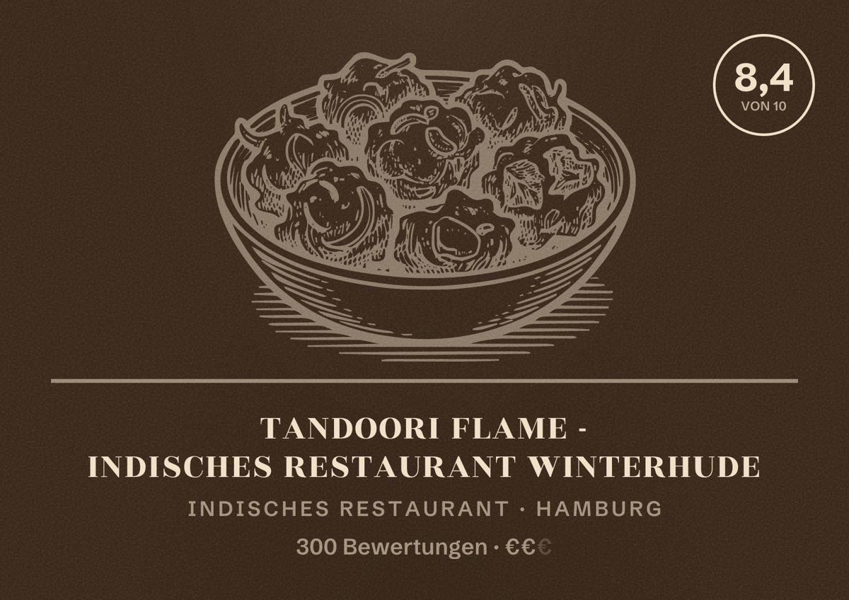 Illustriertes Poster von Tandoori Flame - Indisches Restaurant Winterhude, Indisches Restaurant in Hamburg: Bewertung 8,4 von 10 aus 300 Bewertungen, Preisniveau €€