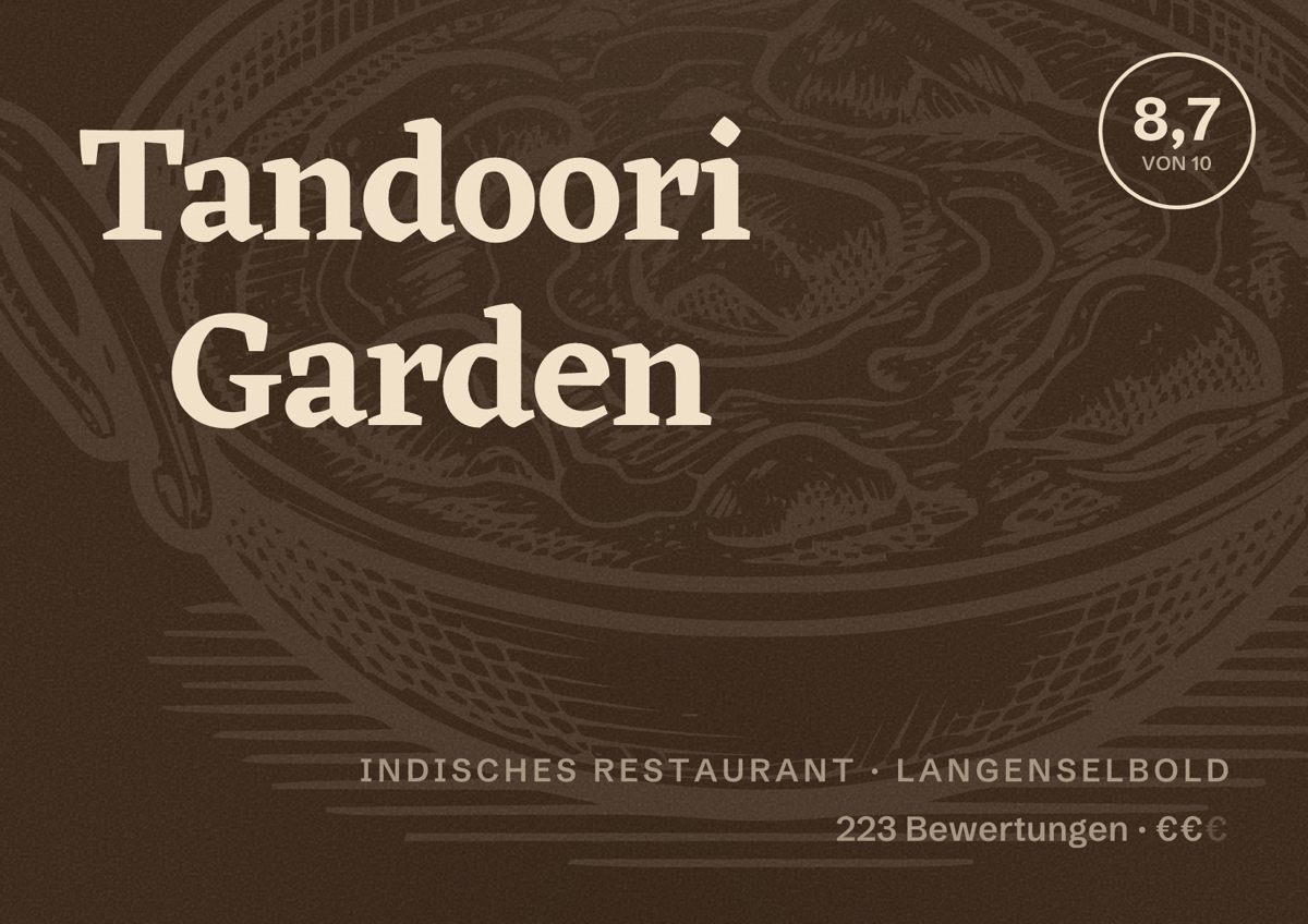 Illustriertes Poster von Tandoori Garden, Indisches Restaurant in Langenselbold: Bewertung 8,7 von 10 aus 223 Bewertungen, Preisniveau €€
