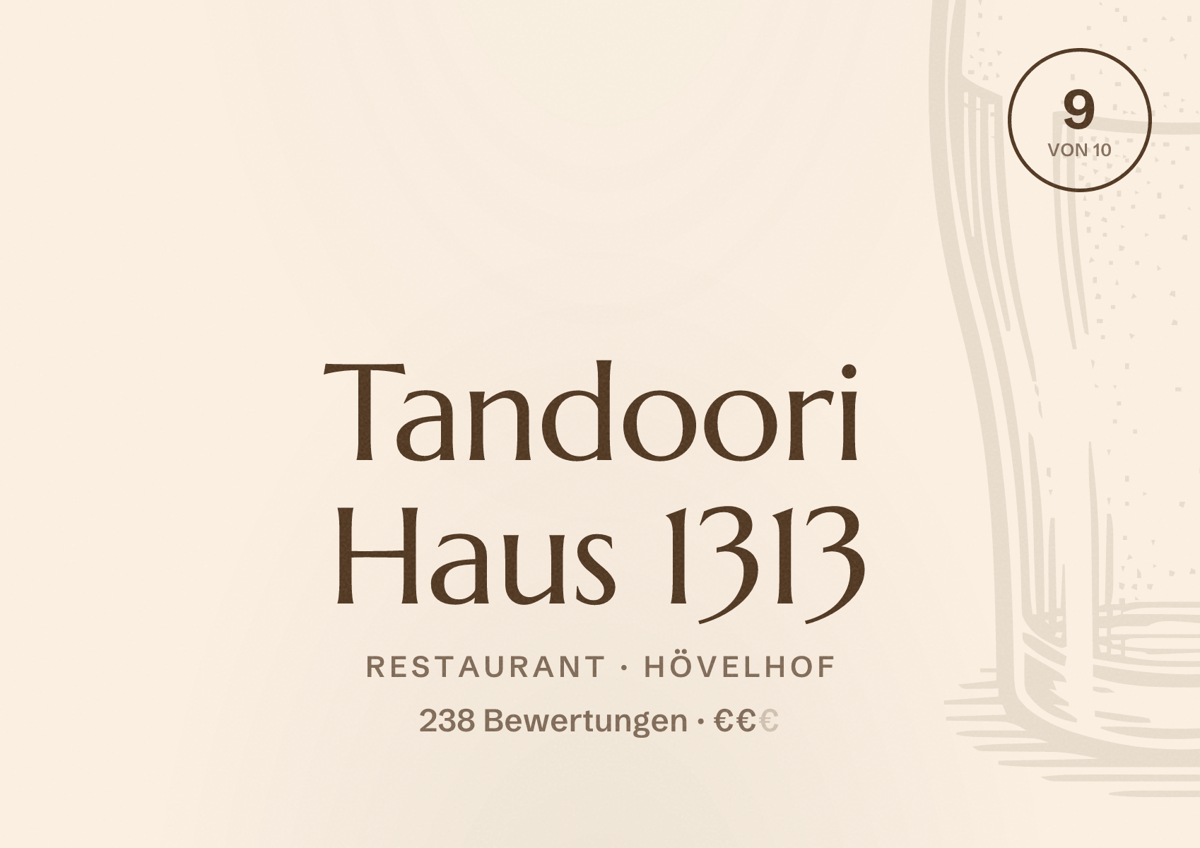 Illustriertes Poster von Tandoori Haus 1313, Restaurant in Hövelhof: Bewertung 9 von 10 aus 238 Bewertungen, Preisniveau €€