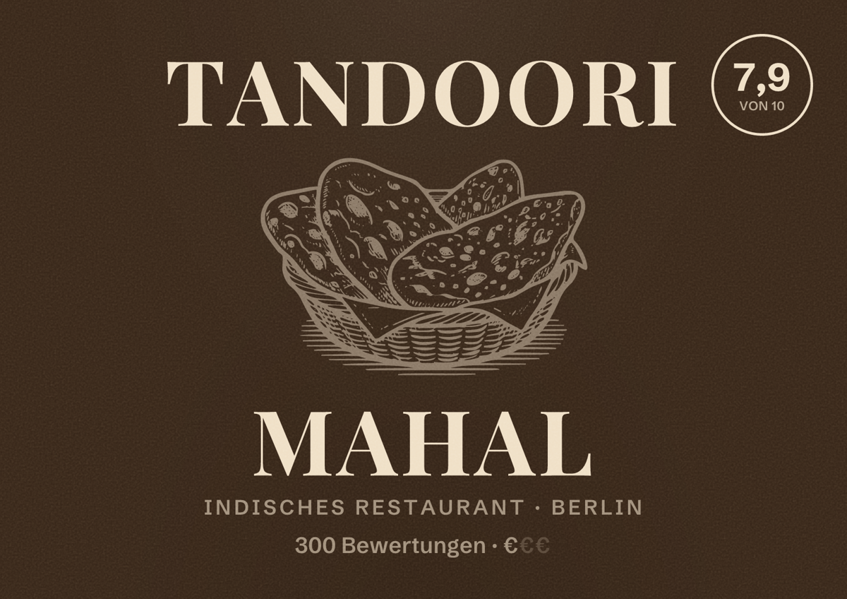 Illustriertes Poster von Tandoori Mahal, Indisches Restaurant in Berlin: Bewertung 7,9 von 10 aus 300 Bewertungen, Preisniveau €