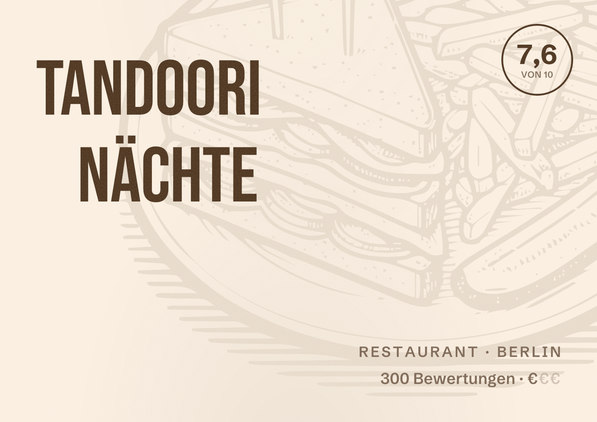 Illustriertes Poster von Tandoori Nächte, Restaurant in Berlin: Bewertung 7,6 von 10 aus 300 Bewertungen, Preisniveau €