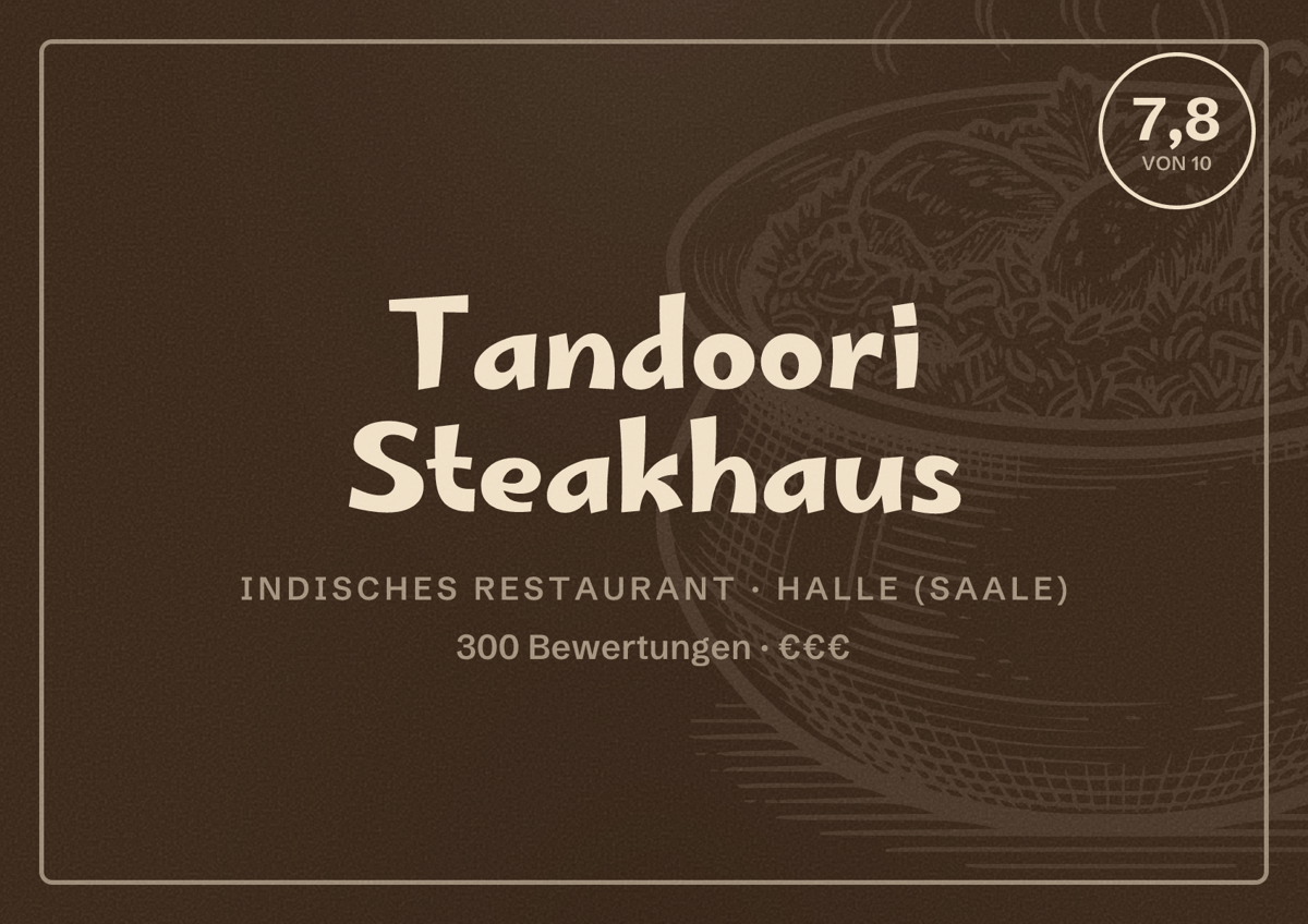 Illustriertes Poster von Tandoori Steakhaus, Indisches Restaurant in Halle (Saale): Bewertung 7,8 von 10 aus 300 Bewertungen, Preisniveau €€€