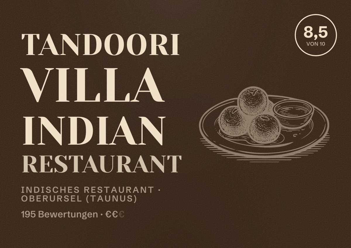 Illustriertes Poster von Tandoori Villa Indian Restaurant, Indisches Restaurant in Oberursel (Taunus): Bewertung 8,5 von 10 aus 195 Bewertungen, Preisniveau €€