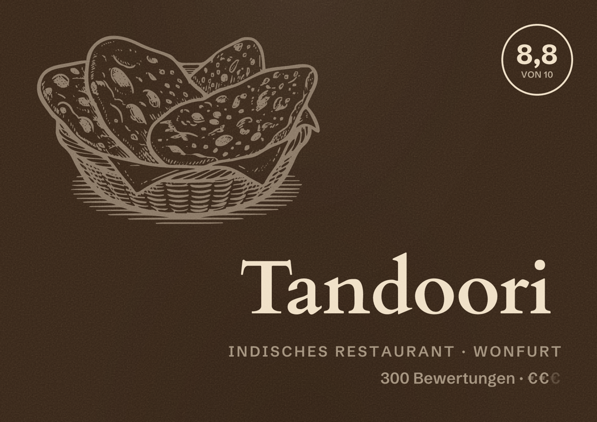 Illustriertes Poster von Tandoori, Indisches Restaurant in Wonfurt: Bewertung 8,8 von 10 aus 300 Bewertungen, Preisniveau €€