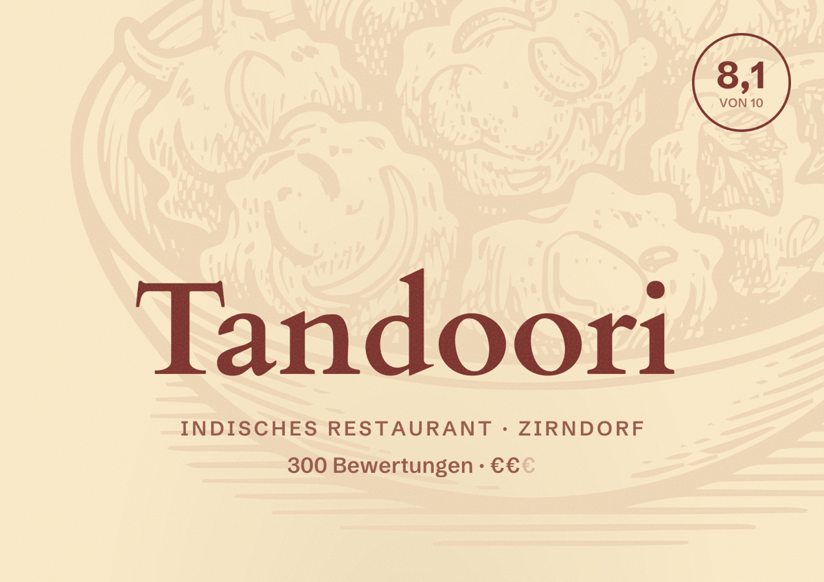 Illustriertes Poster von Tandoori, Indisches Restaurant in Zirndorf: Bewertung 8,1 von 10 aus 300 Bewertungen, Preisniveau €€