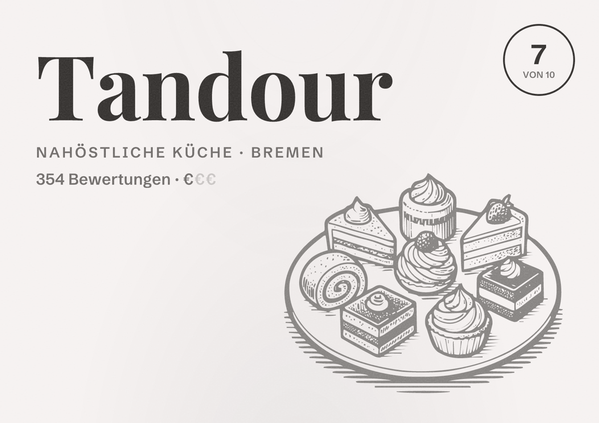 Illustriertes Poster von Tandour, Nahöstliche Küche in Bremen: Bewertung 7 von 10 aus 354 Bewertungen, Preisniveau €