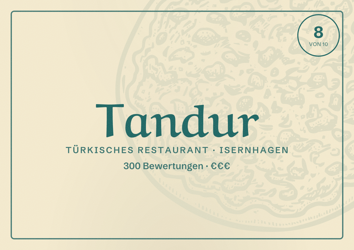 Illustriertes Poster von Tandur, Türkisches Restaurant in Isernhagen: Bewertung 8 von 10 aus 300 Bewertungen, Preisniveau €€€