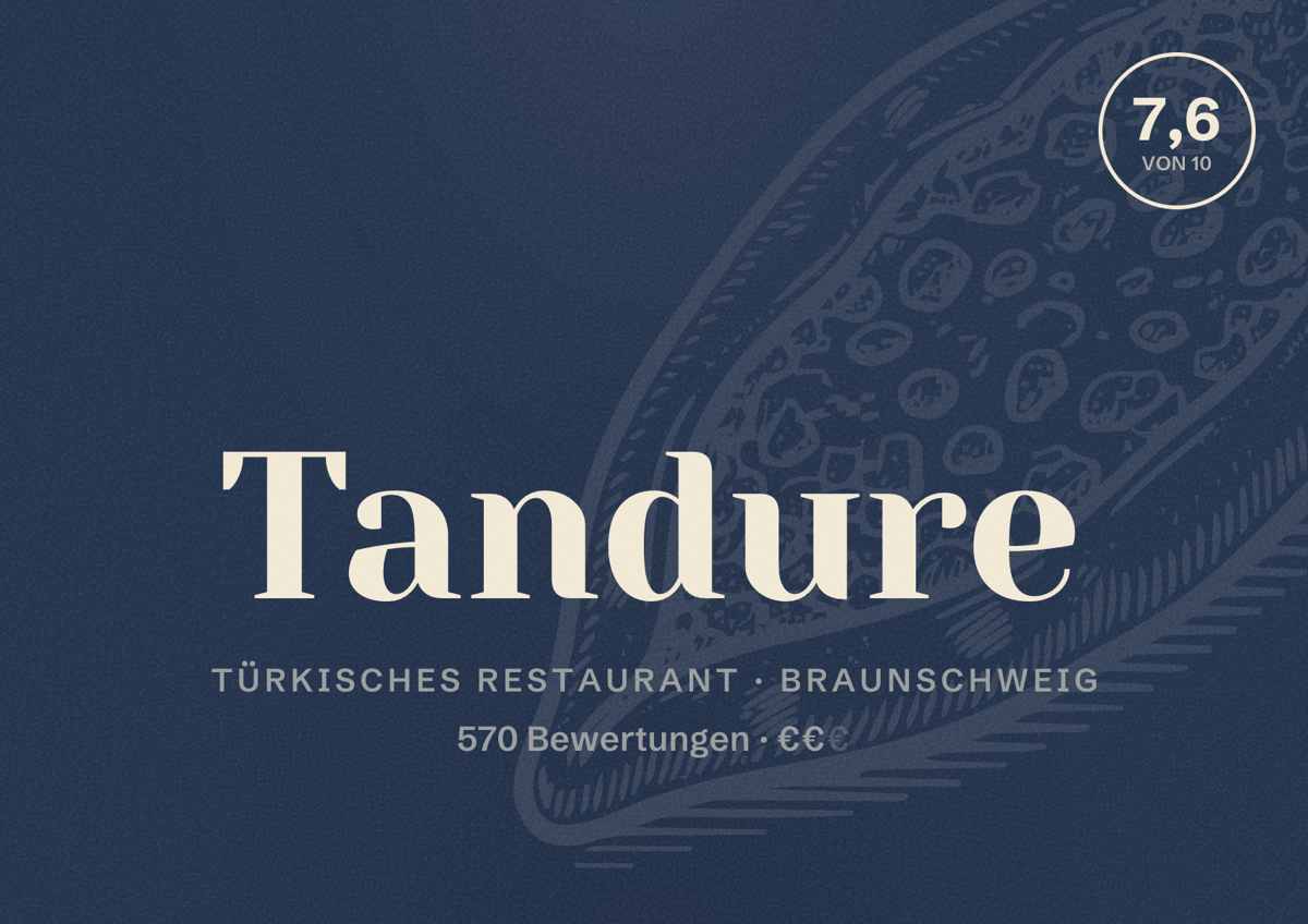 Illustriertes Poster von Tandure, Türkisches Restaurant in Braunschweig: Bewertung 7,6 von 10 aus 570 Bewertungen, Preisniveau €€