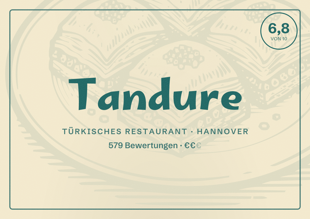 Illustriertes Poster von Tandure, Türkisches Restaurant in Hannover: Gästebewertung 6,8 von 10 aus 579 Bewertungen