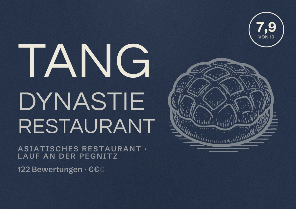 Illustriertes Poster von Tang Dynastie Restaurant, Asiatisches Restaurant in Lauf an der Pegnitz: Bewertung 7,9 von 10 aus 122 Bewertungen, Preisniveau €€