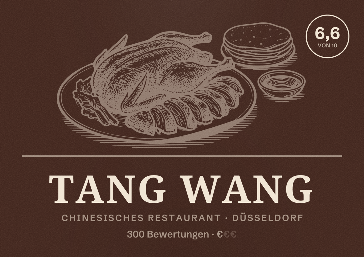 Illustriertes Poster von Tang Wang, Chinesisches Restaurant in Düsseldorf: Bewertung 6,6 von 10 aus 300 Bewertungen, Preisniveau €