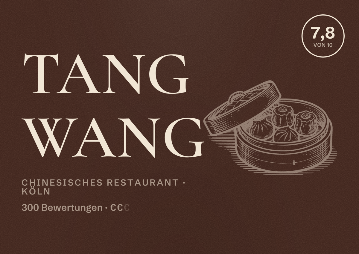 Illustriertes Poster von Tang Wang, Chinesisches Restaurant in Köln: Bewertung 7,8 von 10 aus 300 Bewertungen, Preisniveau €€
