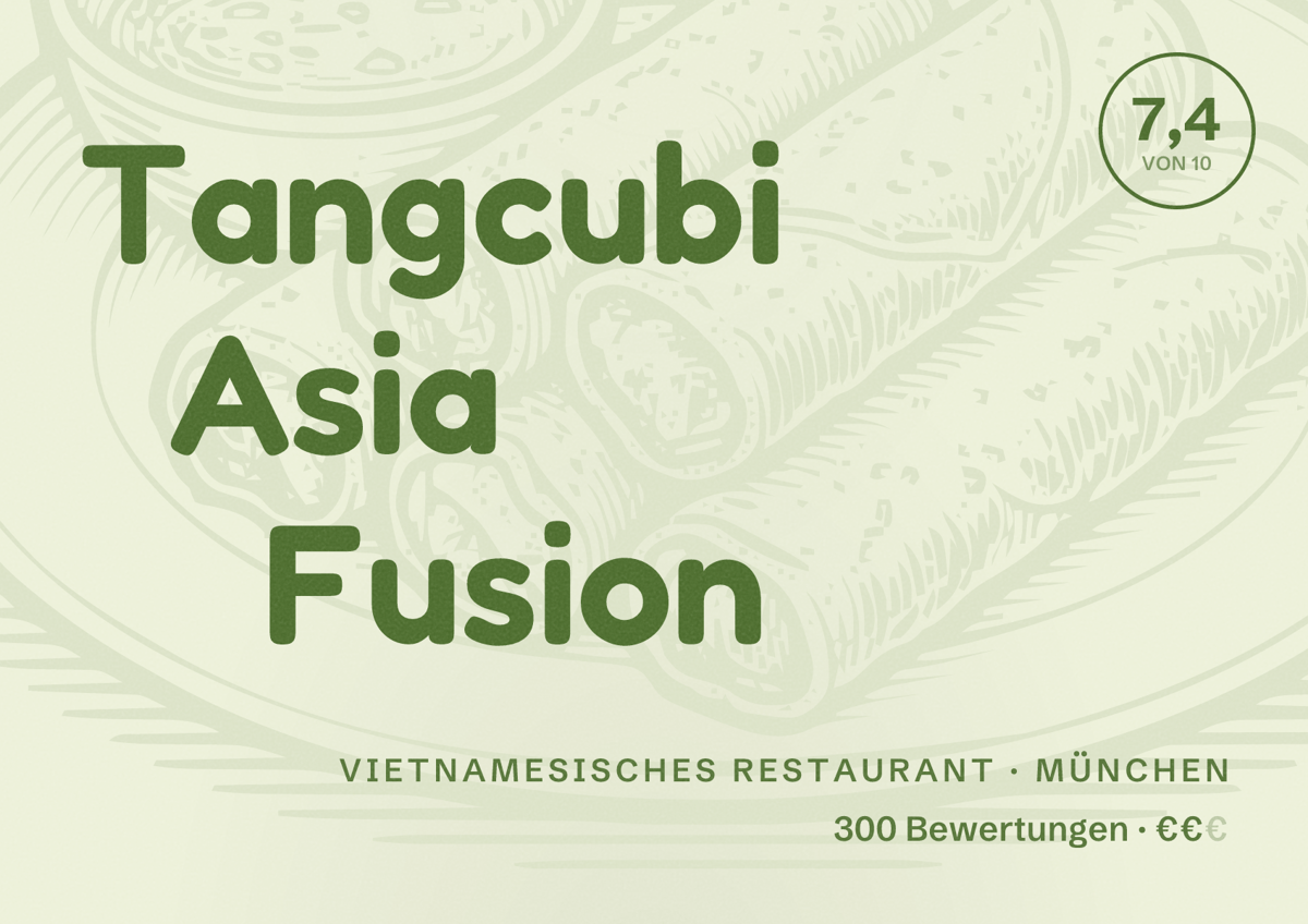 Illustriertes Poster von Tangcubi Asia Fusion, Vietnamesisches Restaurant in München: Bewertung 7,4 von 10 aus 300 Bewertungen, Preisniveau €€
