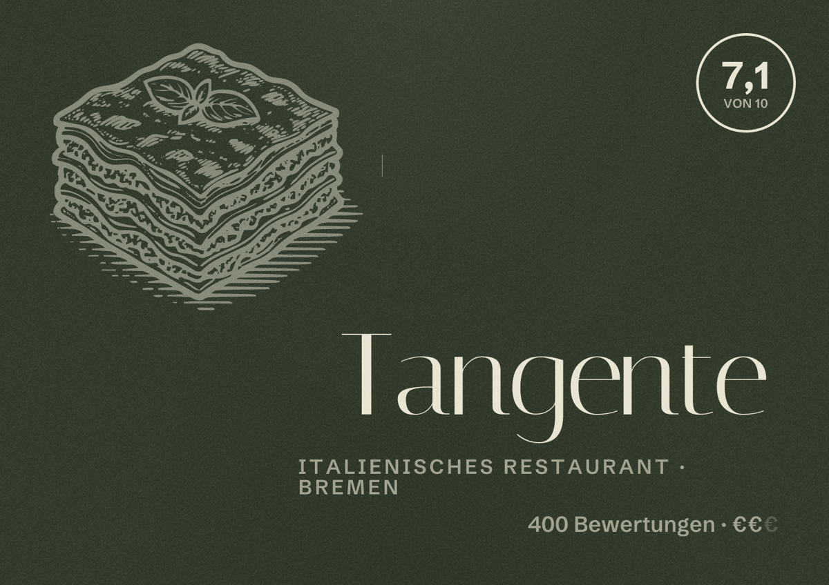 Illustriertes Poster von Tangente, Italienisches Restaurant in Bremen: Bewertung 7,1 von 10 aus 400 Bewertungen, Preisniveau €€