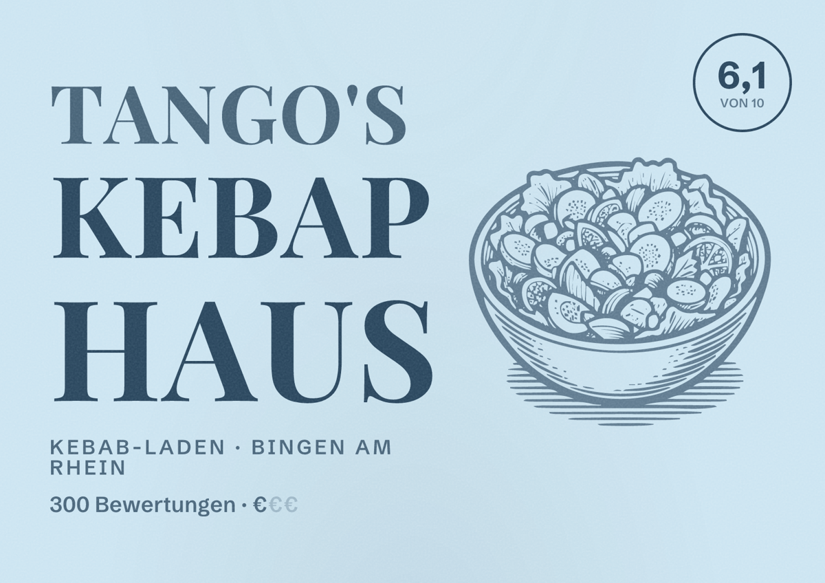 Illustriertes Poster von Tango's Kebap Haus, Kebab-Laden in Bingen am Rhein: Bewertung 6,1 von 10 aus 300 Bewertungen, Preisniveau €