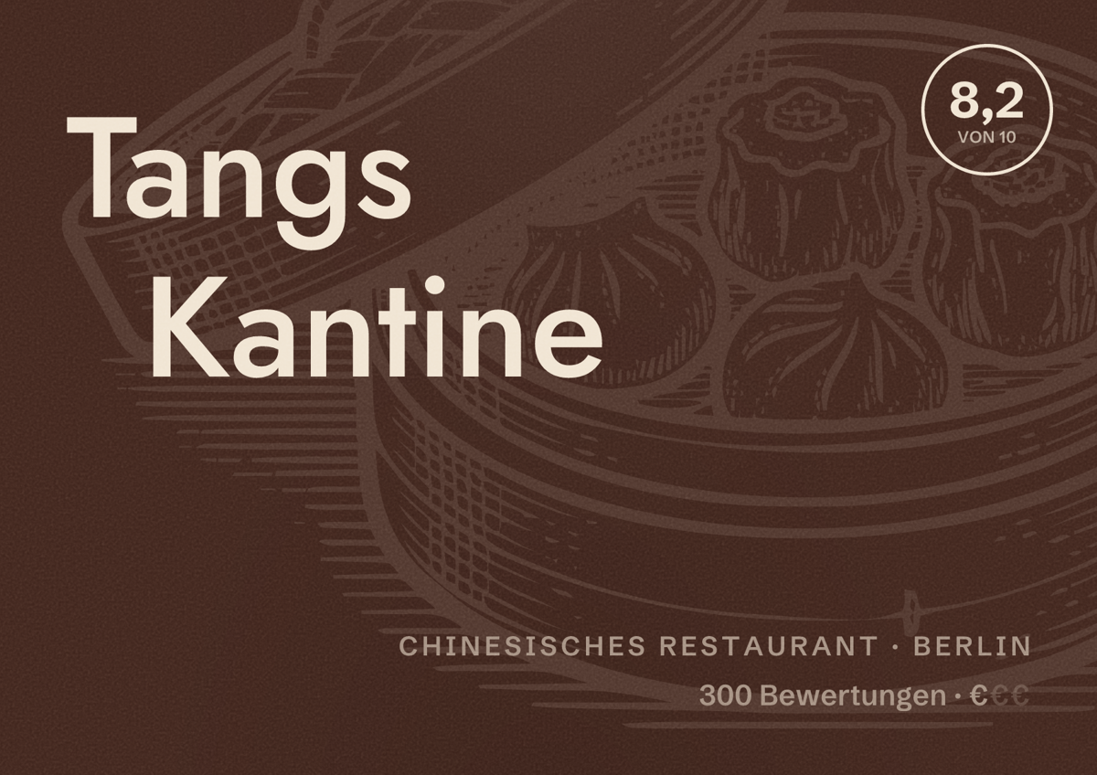 Illustriertes Poster von Tangs Kantine, Chinesisches Restaurant in Berlin: Bewertung 8,2 von 10 aus 300 Bewertungen, Preisniveau €