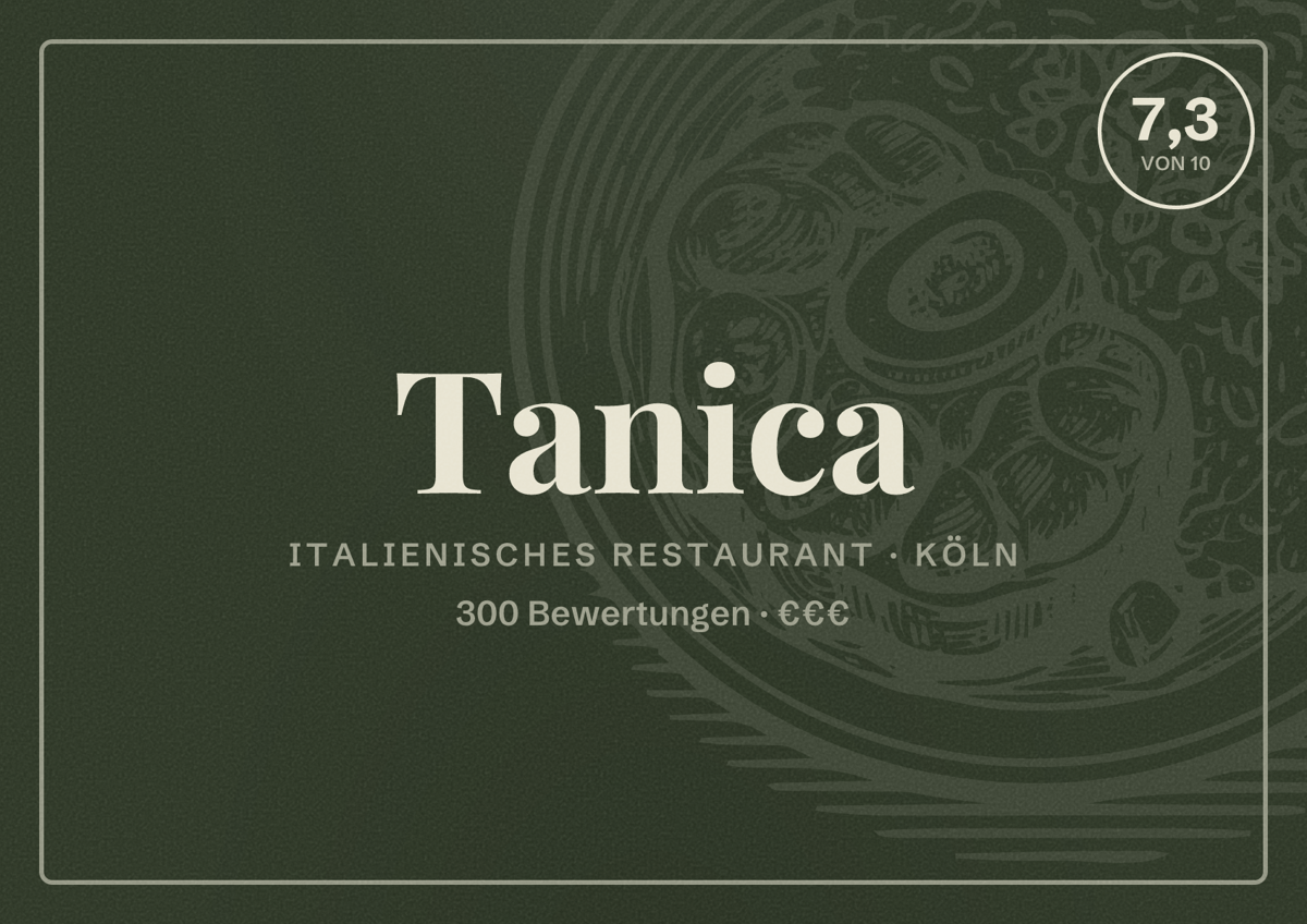 Illustriertes Poster von Tanica, Italienisches Restaurant in Köln: Bewertung 7,3 von 10 aus 300 Bewertungen, Preisniveau €€€