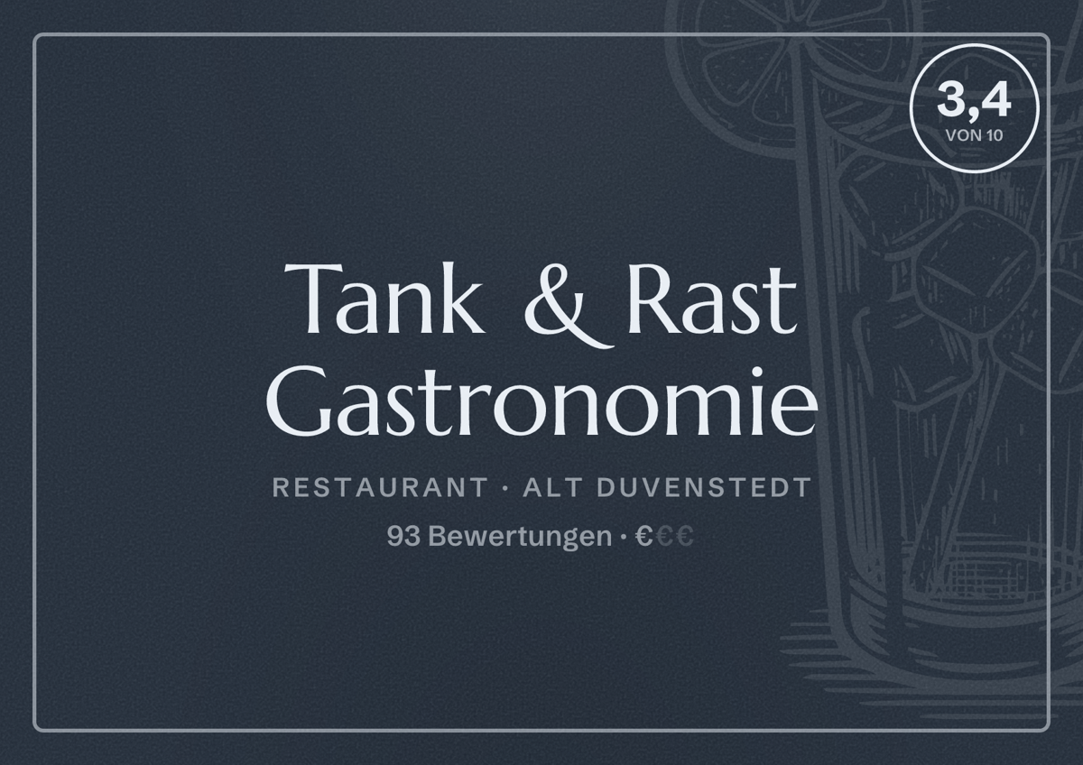 Illustriertes Poster von Tank & Rast Gastronomie, Restaurant in Alt Duvenstedt: Bewertung 3,4 von 10 aus 93 Bewertungen, Preisniveau €