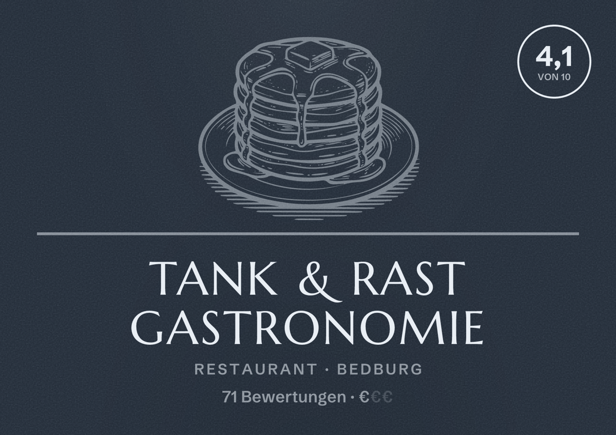Illustriertes Poster von Tank & Rast Gastronomie, Restaurant in Bedburg: Bewertung 4,1 von 10 aus 71 Bewertungen, Preisniveau €