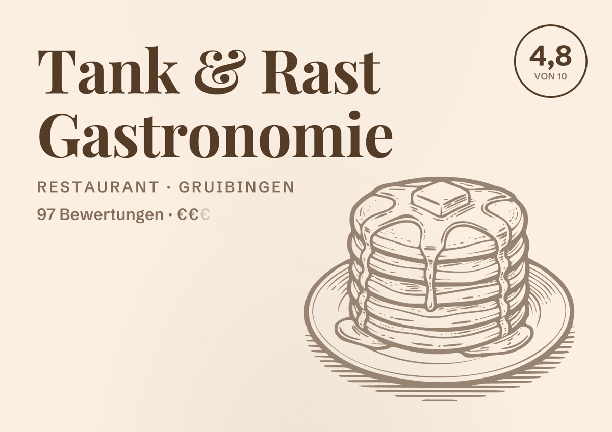 Illustriertes Poster von Tank & Rast Gastronomie, Restaurant in Gruibingen: Bewertung 4,8 von 10 aus 97 Bewertungen, Preisniveau €€