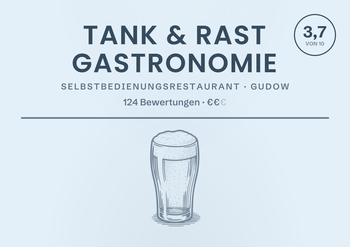 Illustriertes Poster von Tank & Rast Gastronomie, Selbstbedienungsrestaurant in Gudow: Bewertung 3,7 von 10 aus 124 Bewertungen, Preisniveau €€