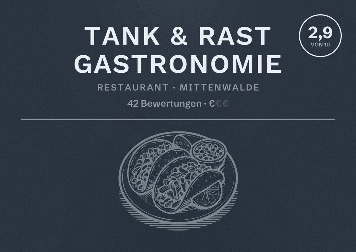 Illustriertes Poster von Tank & Rast Gastronomie, Restaurant in Mittenwalde: Bewertung 2,9 von 10 aus 42 Bewertungen, Preisniveau €