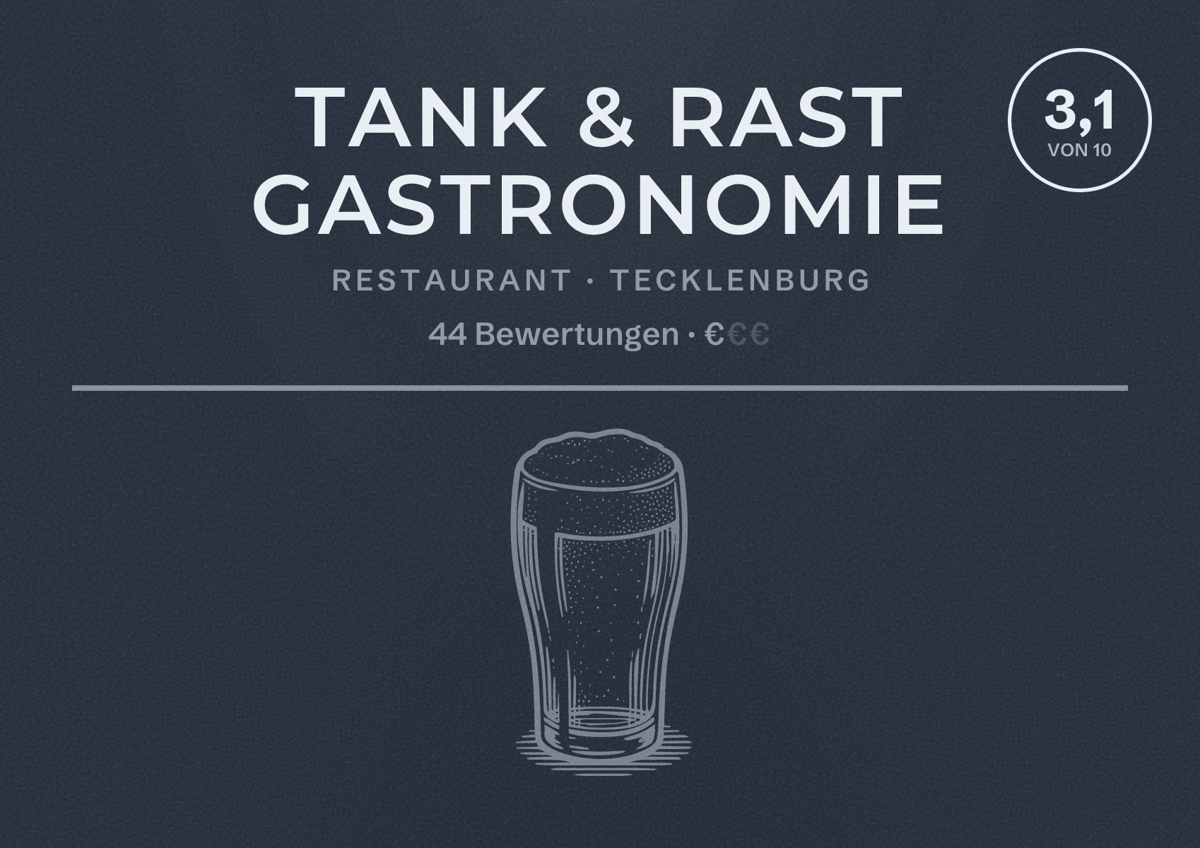 Illustriertes Poster von Tank & Rast Gastronomie, Restaurant in Tecklenburg: Bewertung 3,1 von 10 aus 44 Bewertungen, Preisniveau €